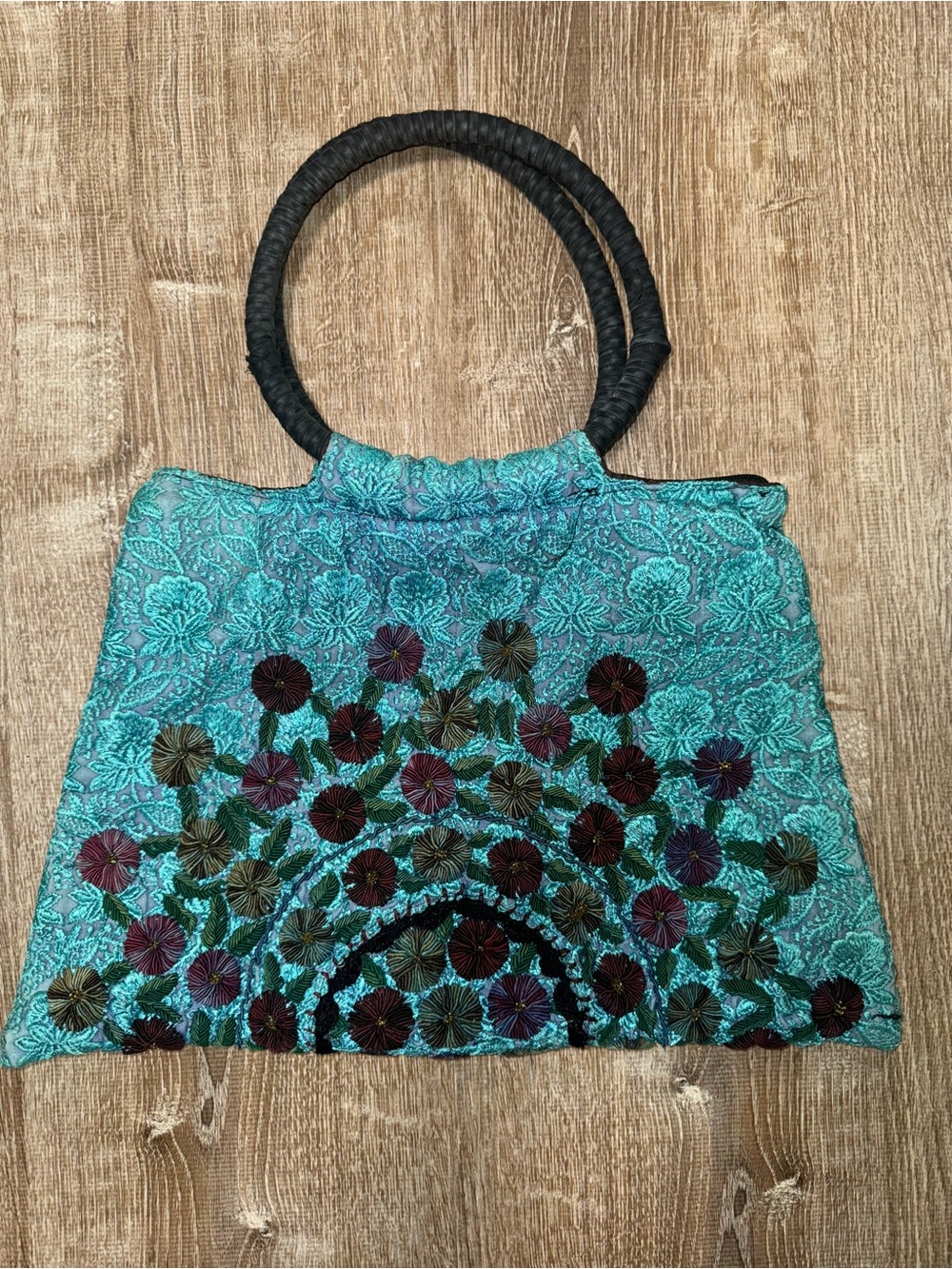 Turquoise Embroidered Floral Tote Bag - Unbranded